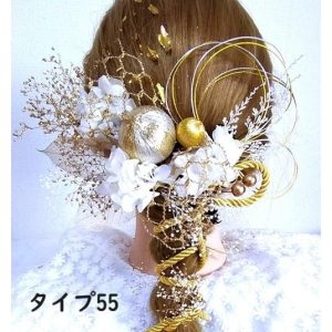 [髪飾り]5タイプ卒業式 袴 成人式 振袖 結婚式 前撮り ヘアピン付 和装 着物 花 水引 高級リボン 和玉 飾り紐　金箔 パール 白/赤/オレンジ/紫系/ゴールド55-59